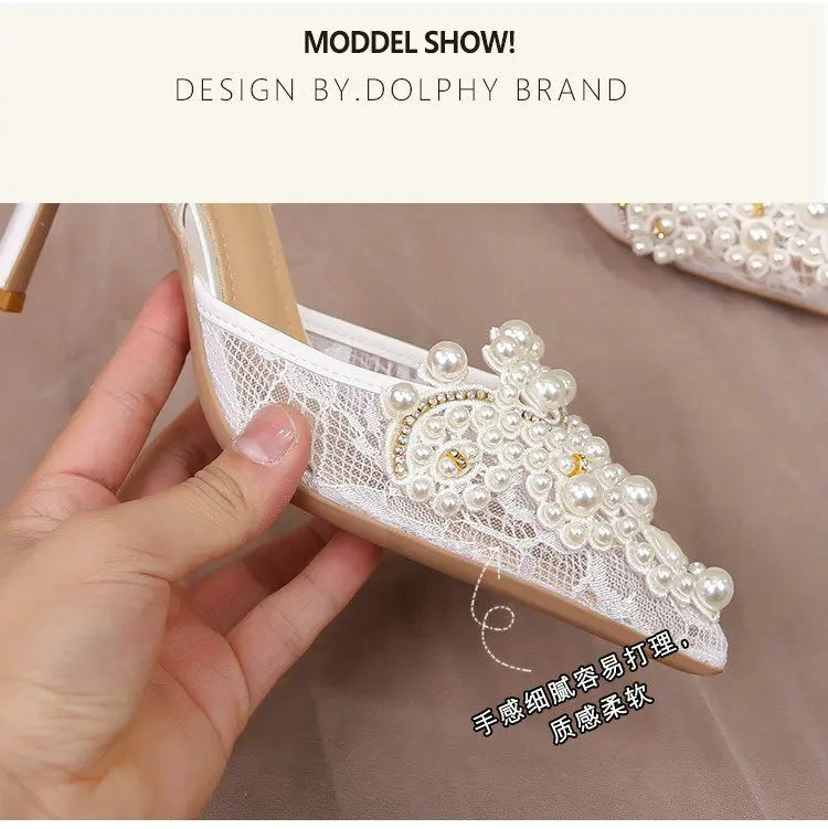 2025 White Wedding Shoes Bridesmaid Shoes Women's Lace Shoes Fashion High Heels Pearl Pumps