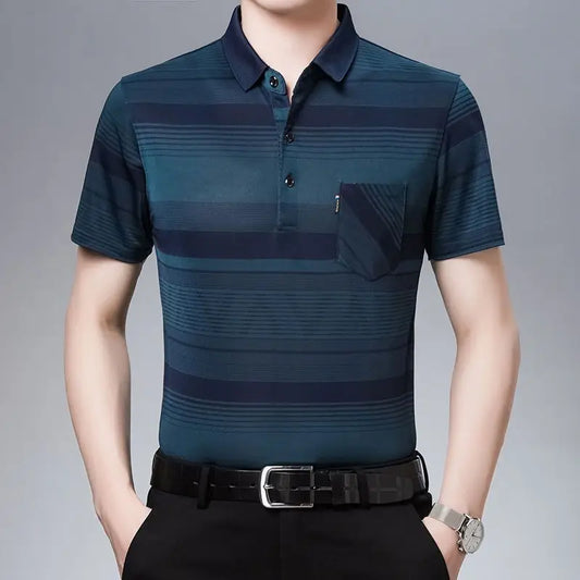 New Summer Men's Short Sleeved T-shirt Ice Silk Middle Aged Lapel Polo Shirt