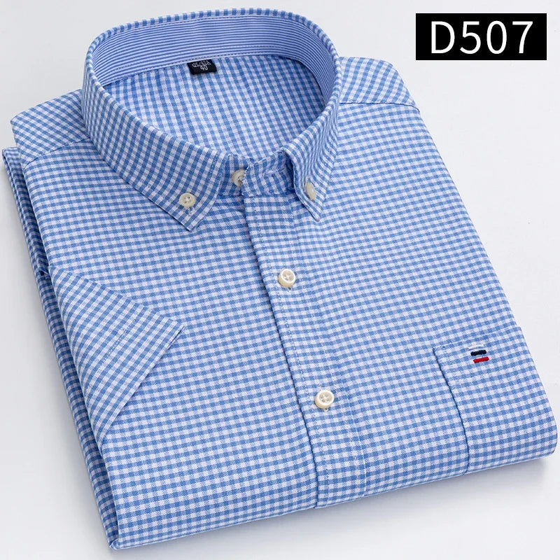 Men’s 100% Cotton Oxford Short‑Sleeve Shirt – Breathable Summer Plaid/Striped Business Casual (Regular/Oversized Fit)