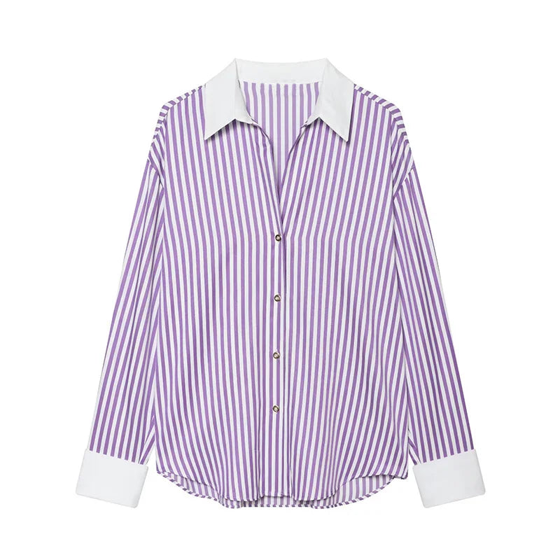 2026 Women’s Long Sleeve Collared Shirt — Striped Cuff Loose Chic Spring Summer Top