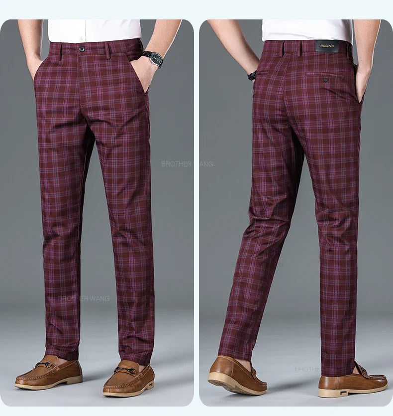 Slim‑Fit Plaid Cotton Pants