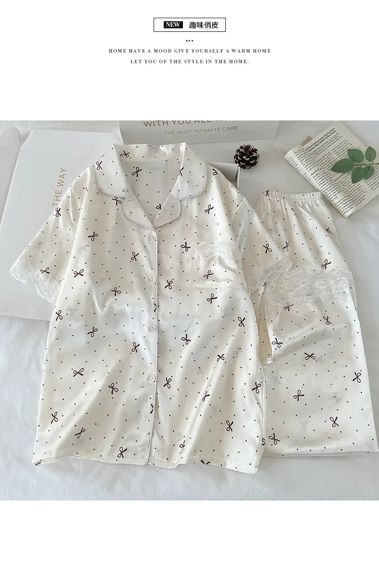 New Korean-Style Elegant Young Ladies' Pyjamas Summer New Arrival Short-Sleeved Polka Dot Bow Ice Silk Pyjama Set Homewear Set