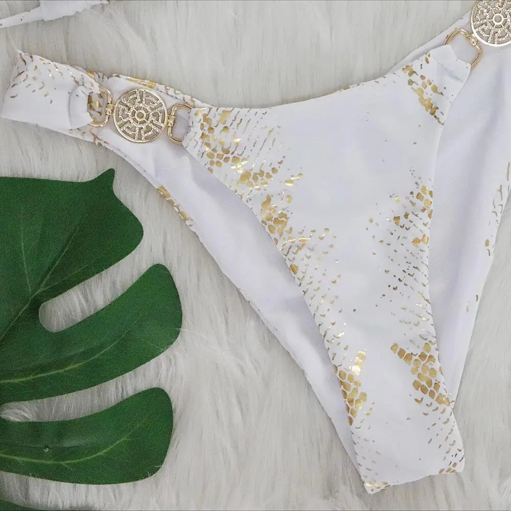 Women’s 2026 White Snake‑Skin Rhinestone Micro Bikini – Luxury Brazilian Push‑Up Thong Swimsuit