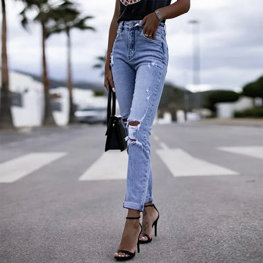 Stretch Broken Hole Straight Tube High-waisted Jeans, Women's Spring/autumn Close-fitting Hip Lift Grinding Broken Long Jeans