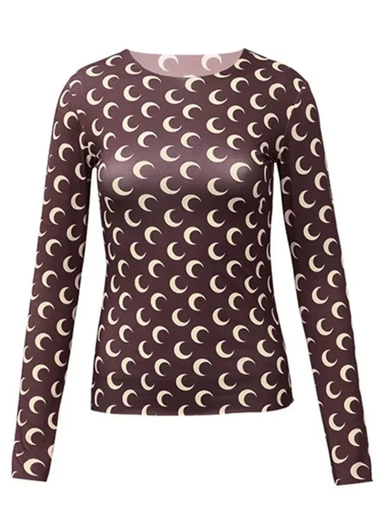 New Printed Mesh Women Base Shirt Spring Autumn Fashion Casual Long Sleeved Sun Protection Ice Silk Inner Layer Women's T-Shirt