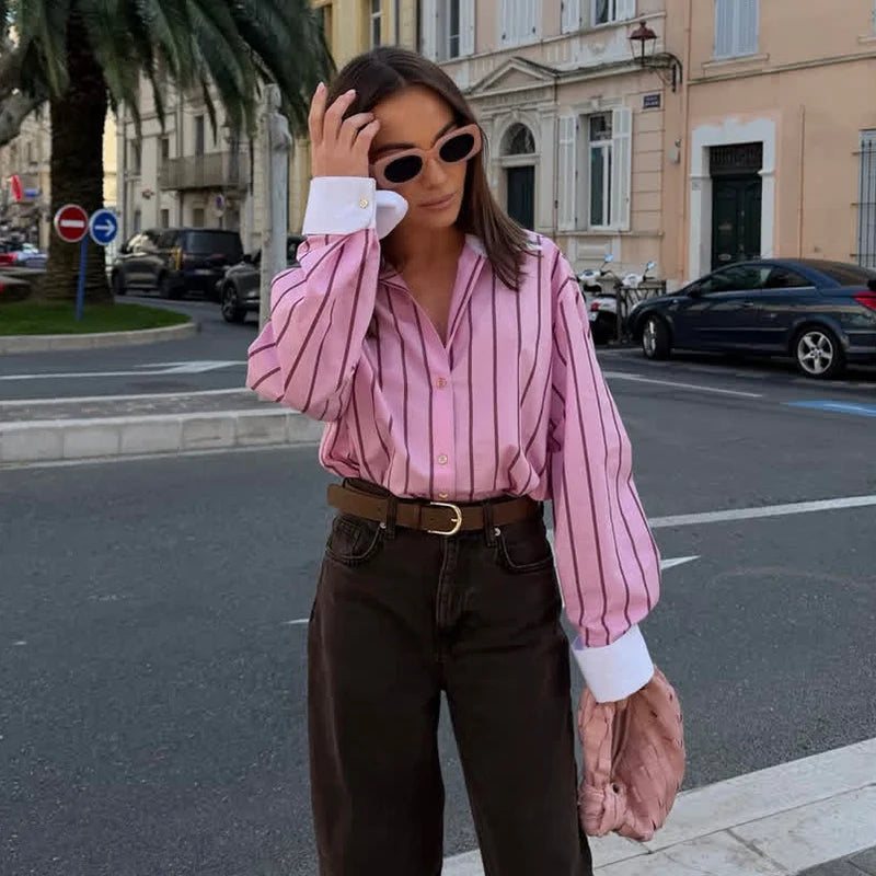 2026 Women’s Long Sleeve Collared Shirt — Striped Cuff Loose Chic Spring Summer Top