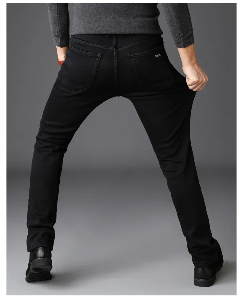 Men’s Stretch Black Biker Jeans – Classic Spring/Autumn Soft Denim Pants | Fashion Slim/Regular Fit Trousers