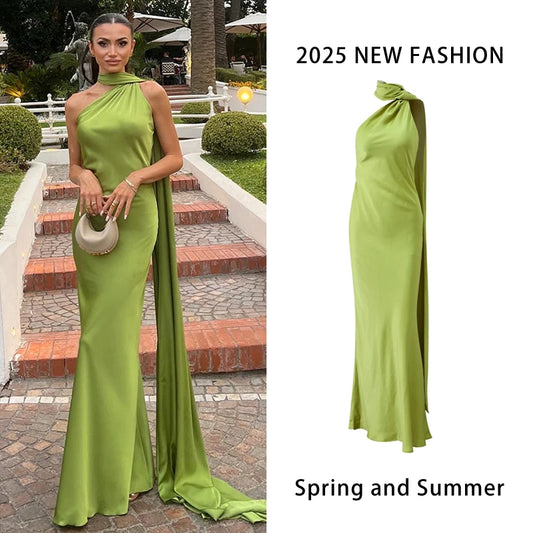 Sexy Satin Halter Long Dress Women Solid Backless Off Shoulder Slim Dresses High Waist Party Evening Robes