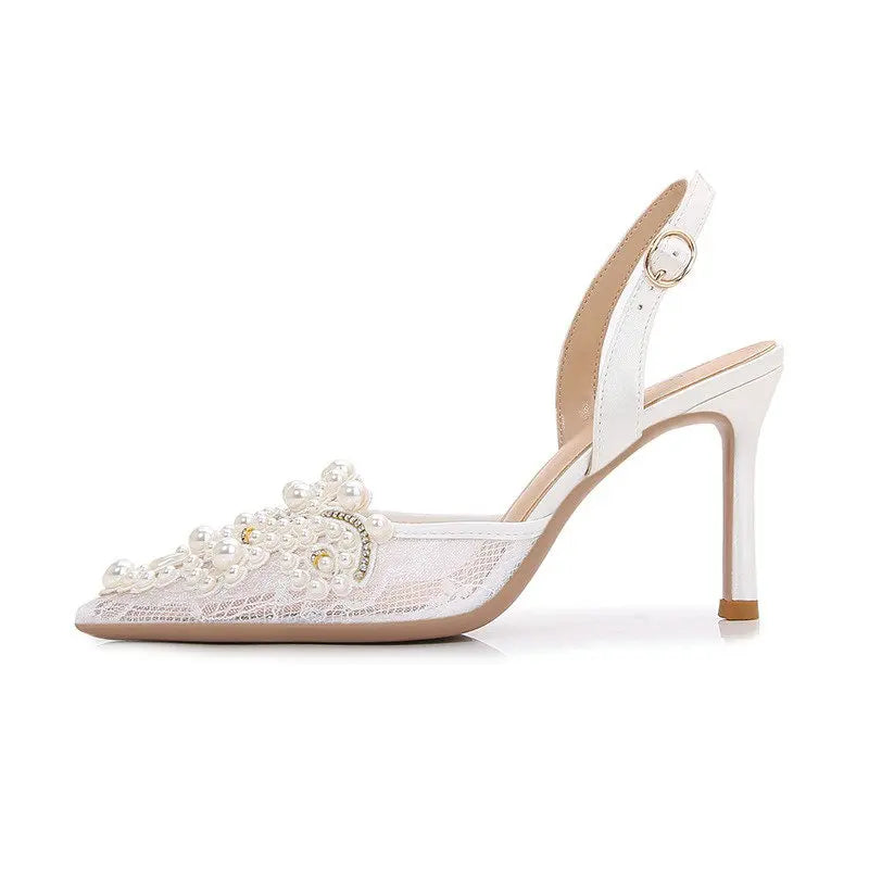 2025 White Wedding Shoes Bridesmaid Shoes Women's Lace Shoes Fashion High Heels Pearl Pumps