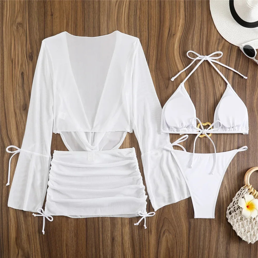 Women’s Brown Halter String Triangle Bikini Set — 4‑Piece Mesh Smock Cover‑Up Swimwear with Metal Ring Details