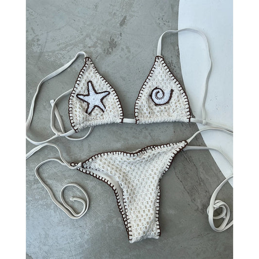 Women’s 2025 Hand‑Hook Knit Bikini – 3‑Piece Swimsuit with Long Dress Cover‑Up & Thong Bottoms