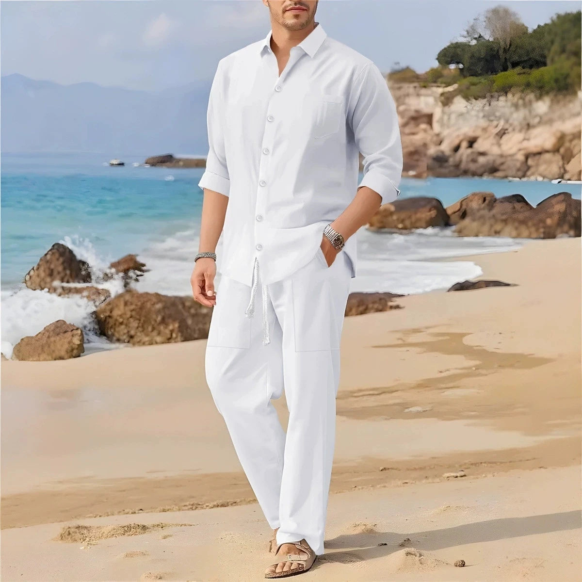 Spring,Summer  autumn New Men's Casual Long-Sleeved Set, Solid Shirt and Pants - Comfortable and Fashionable Two-Piece Set