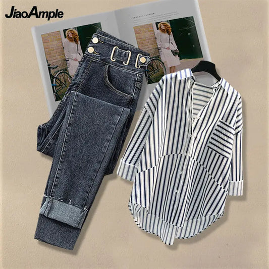 Women Spring/Summer New Matching Set 2025 Korean Elegant Striped Shirt Top+Jeans Two Piece Female Loose Blouse Denim Pants Suit