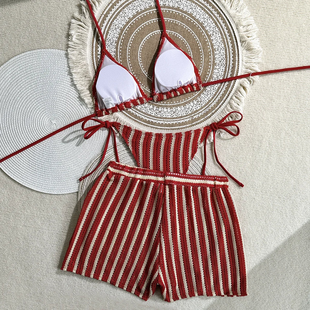 Women’s 2026 Striped 3‑Piece Bikini Set – Sexy Swimsuit with Skirt Beachwear
