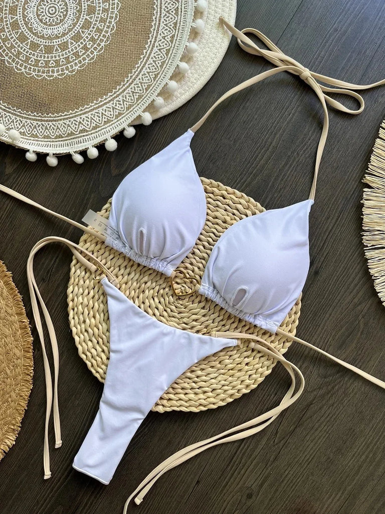 Women’s Sexy Halter Triangle Bikini – Low‑Waist Brazilian Thong Two‑Piece Swimsuit (Solid Color)