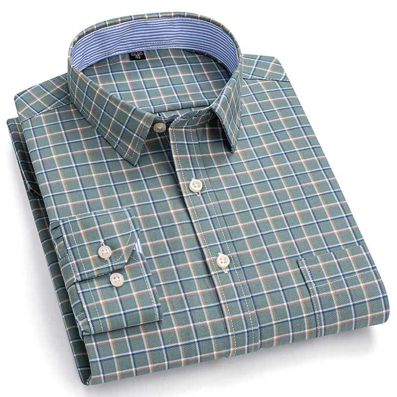 2024 New Quality Men's Social Shirt Long Sleeve 100% Pure Cotton Oxford Soft Plaid Formal Male Clothes Oversized Shirt S-7XL