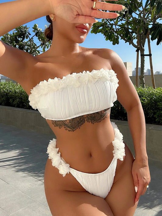 Women’s 2026 White Floral Bandeau Bikini – Strapless Ruffle Push‑Up Swimsuit, Backless Two‑Piece Beachwear2026 New Bandeau White Floral Ruffles Swimsuit Women Sexy Strapless Bikini Set Push Up Bathing Suit Backless Swimwear Beachwear