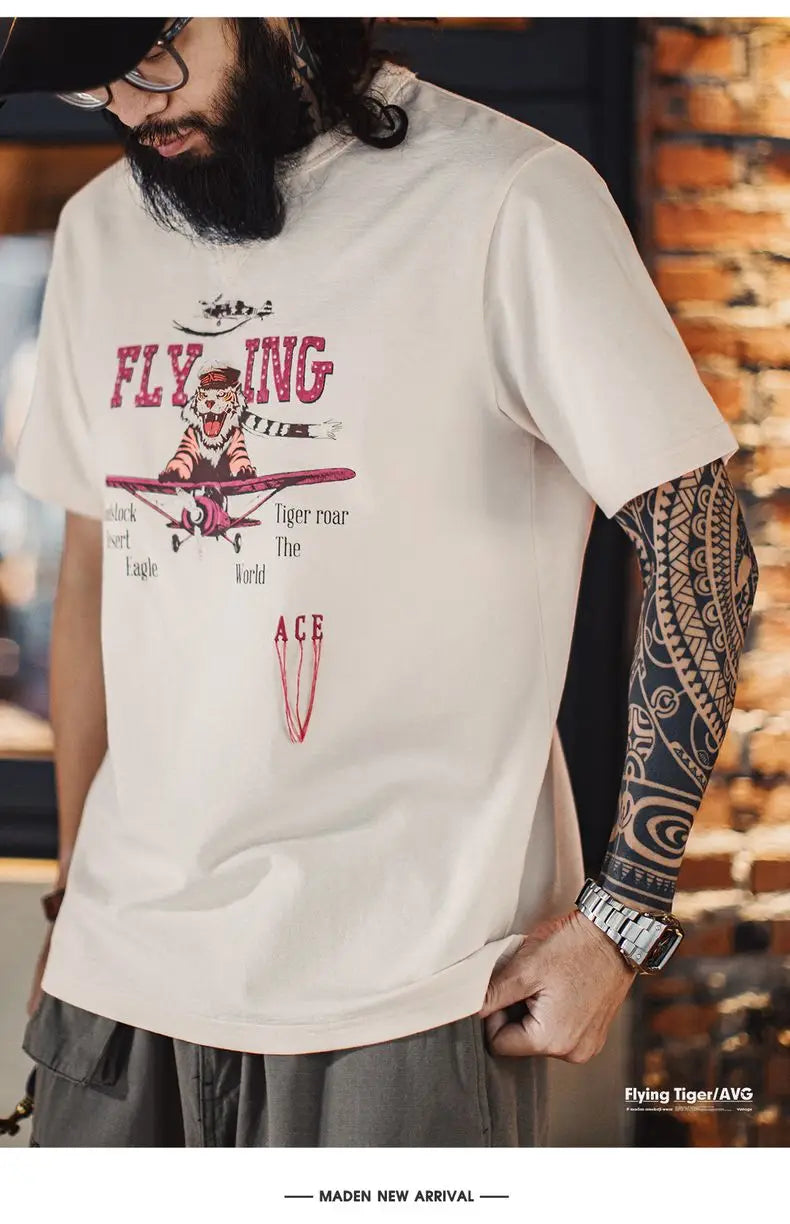 Maden Retro Tiger Print Short Sleeve T-Shirt Men's Summer Loose Apricot Round Neck Tee Embroidered Letter Fringe Casual Tops
