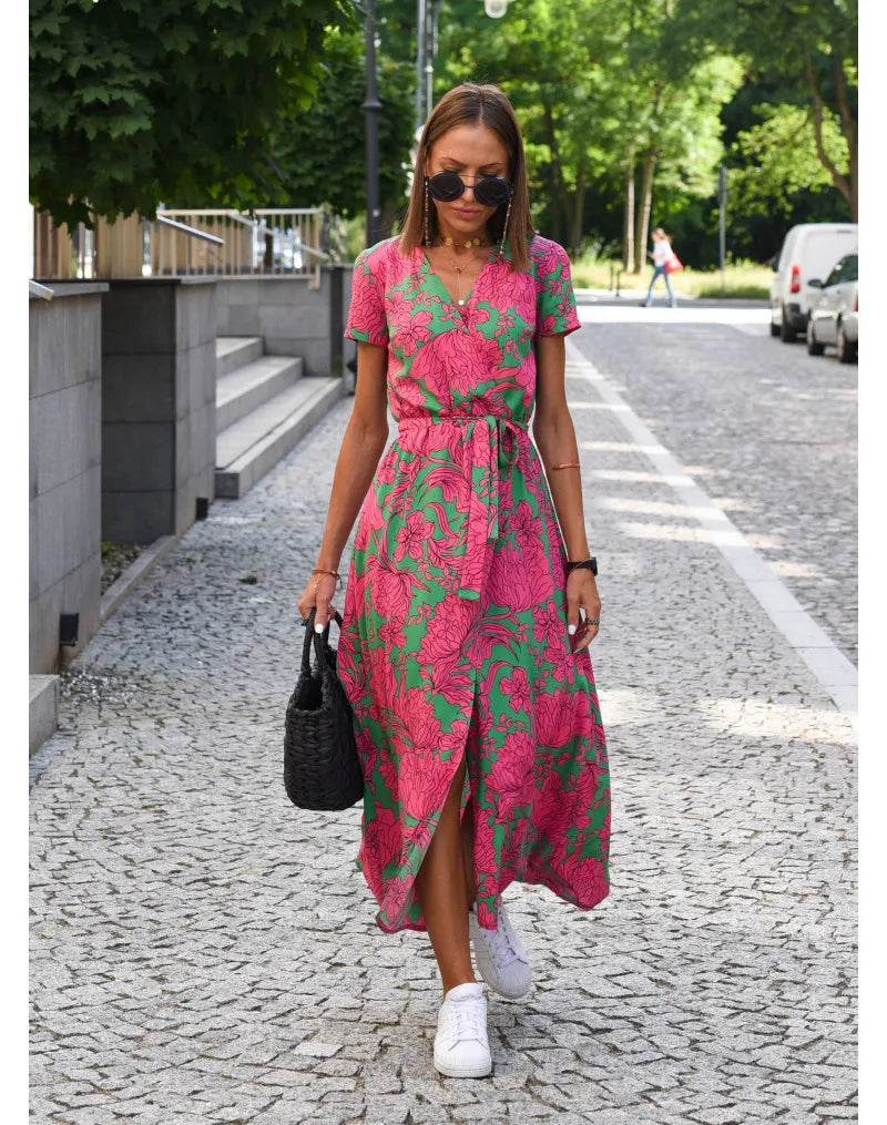 Summer Polka Dot Split Hem Long Dress Women 2023 New Fashion V Neck Print Sundress Vestidos Short Sleeved Waisted Lace-up Dress