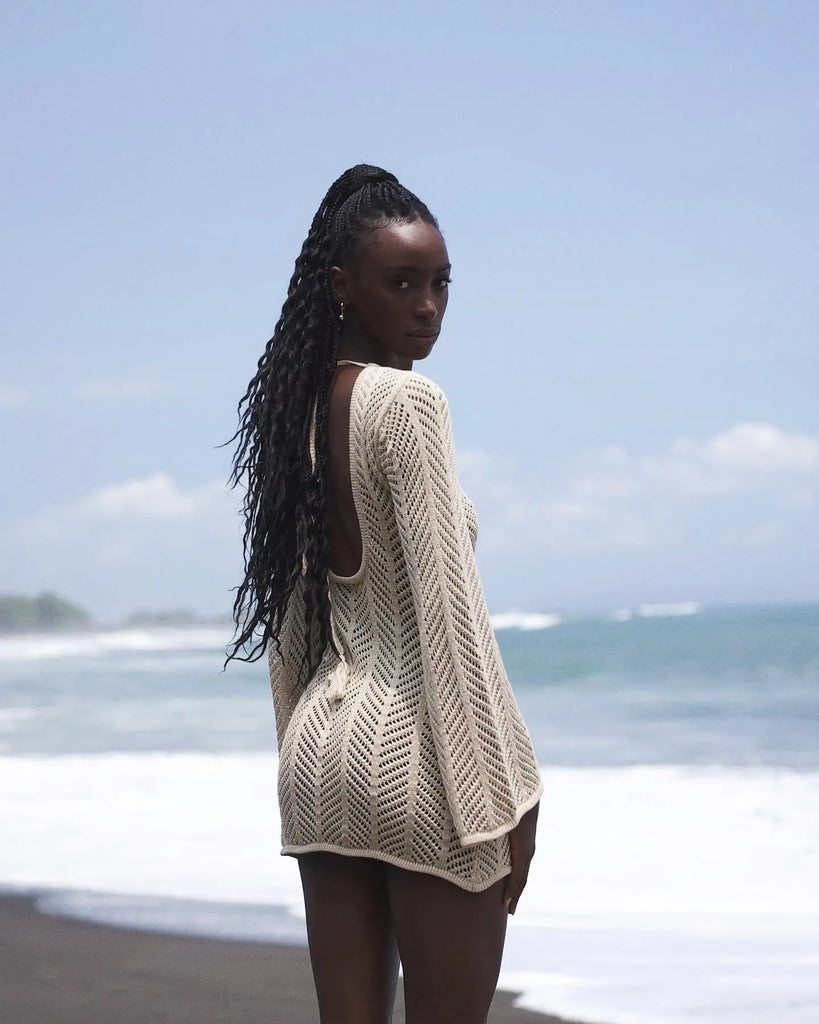 Women’s 2026 Knit Backless Tassel Cover‑Up – Lace‑Up Cut‑Out Bell Sleeve Mini Dress K110