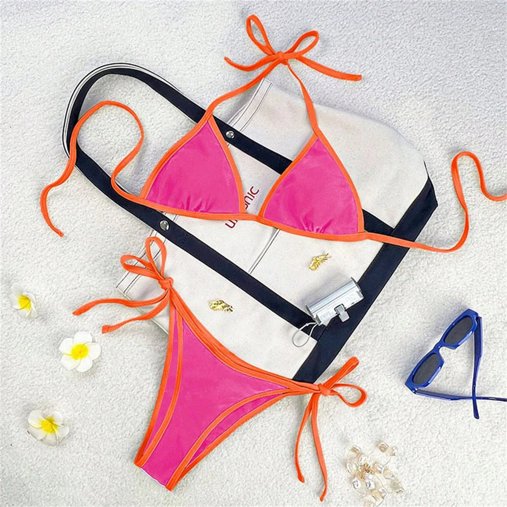 Women’s Vintage Blue Triangle Bikini – Border String Push‑Up Backless Extreme Swimsuit Beach Set