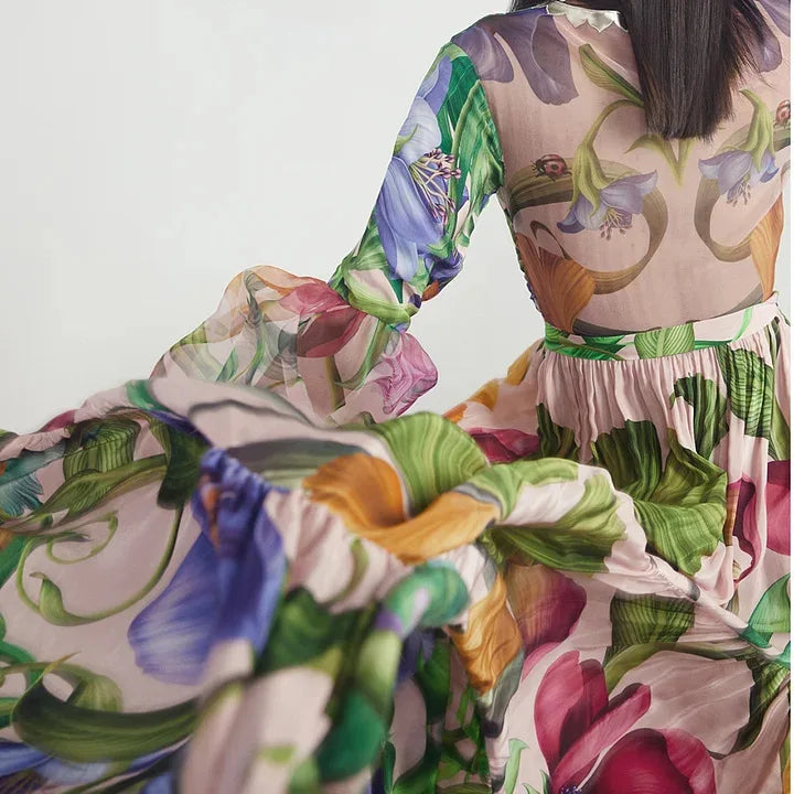 Women’s 2026 V‑Neck Long‑Sleeve Bikini Set – Printed Two‑Piece Swimsuit with Maxi Skirt Cover‑Up