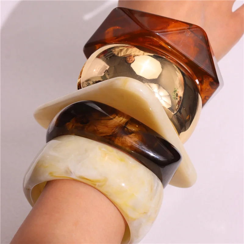 HUANZHI Vintage Resin Triangle Wide Bangle Bracelet