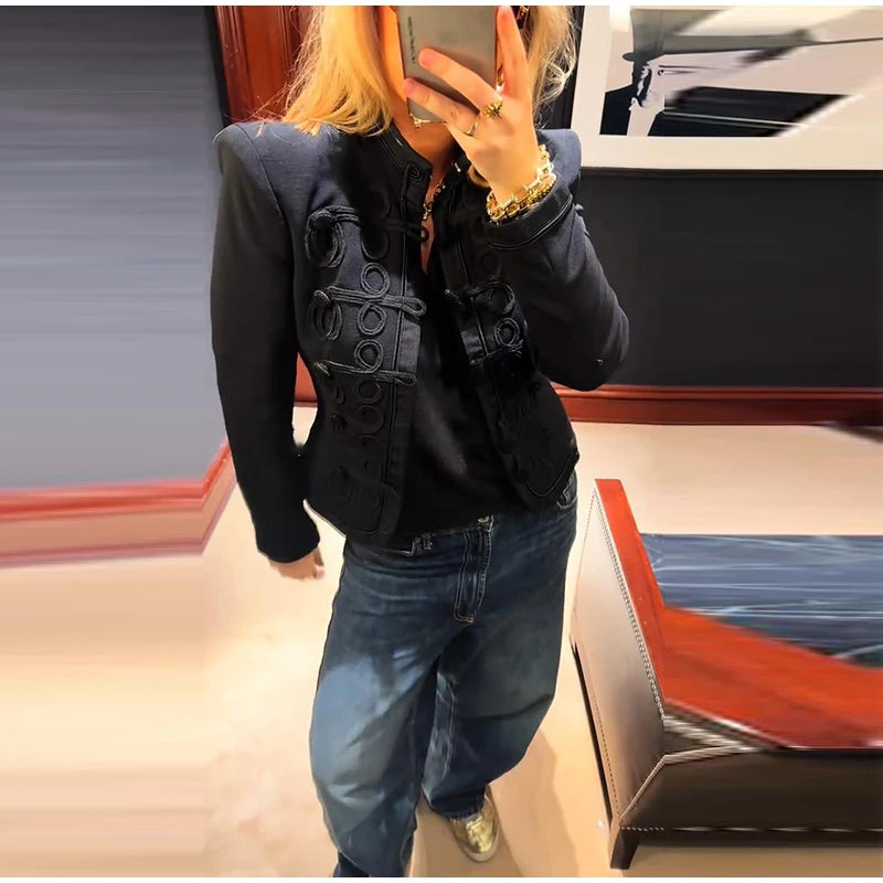 Napoleon Golden Short Jacket Women Vintage Stand Collar Long Sleeve Cropped Jackets 2026 Spring New Lady Outwear High Street