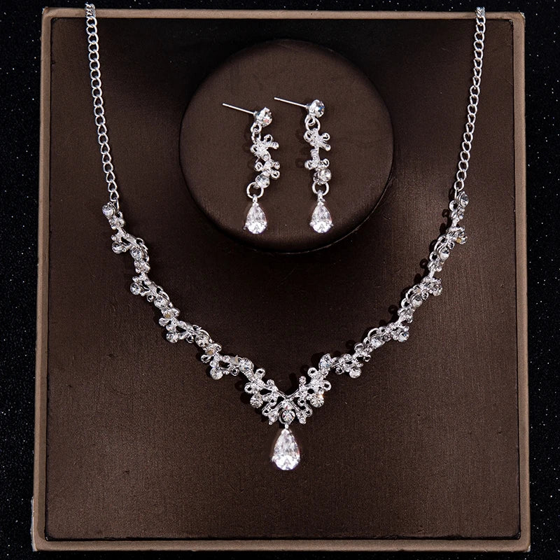 3 Pcs Luxury Silver Color Crystal Water Drop Bridal Jewelry Set Rhinestone Tiara Crown Necklace Earring Set Bridal Wedding Jewel
