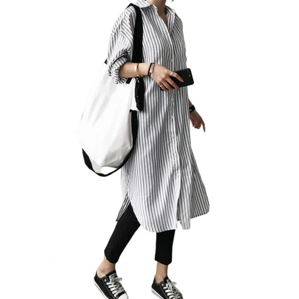 Spring Lady Shirt Contrast Color Striped Print Long Sleeves Single-breasted Cardigan Blouse Split Hem Long Blouse Lady Clothing