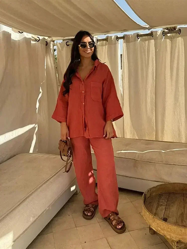 Women Vintage Solid Loose Pants Suit Lapel Single Breasted Long Sleeve Shirt Wide Leg Pants 2 Pcs Set 2024 New Ladies Streetwear