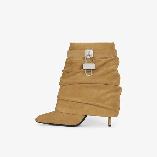 New Women's Leather Ankle Boots with Metal Buckle, Pointed Toe & Slender High Heel - Wide Shaft Short Bare Boots