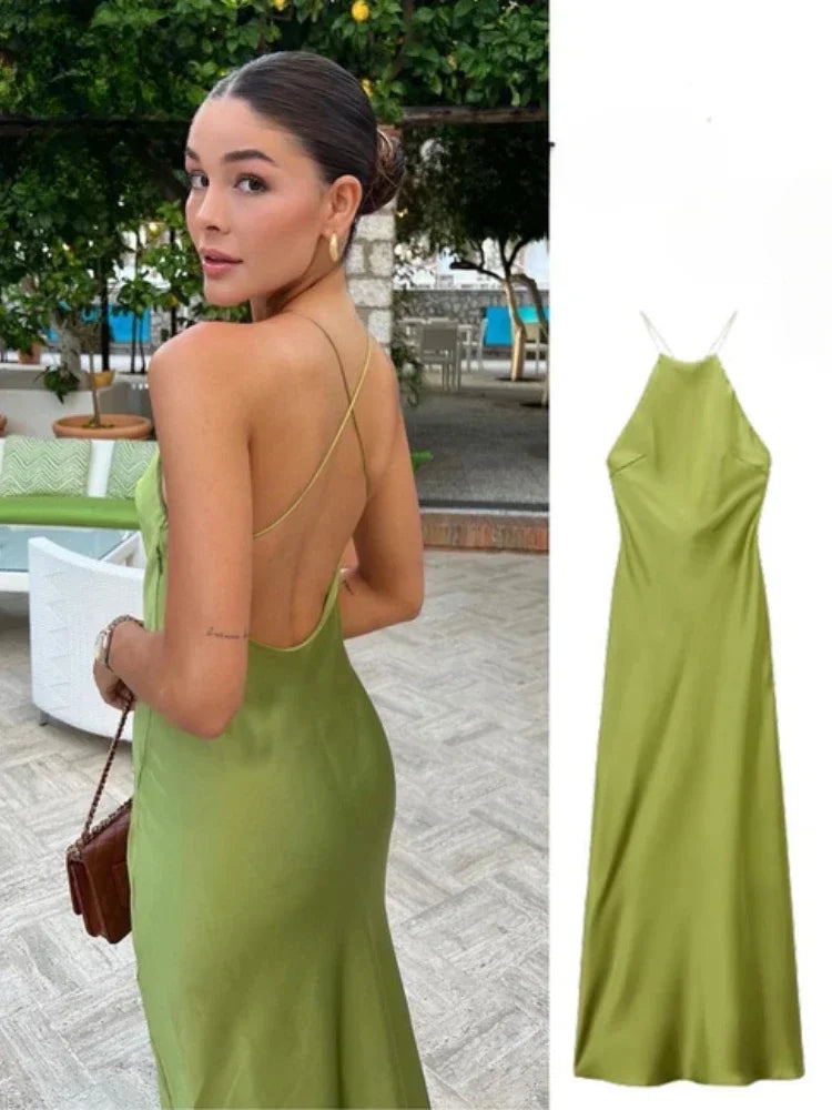 New Spring Summer Women's Maxi Dress Satin Feeling Sleeveless Dress Fashion Style Banquet Sexy Dresses Evening Female Clothing