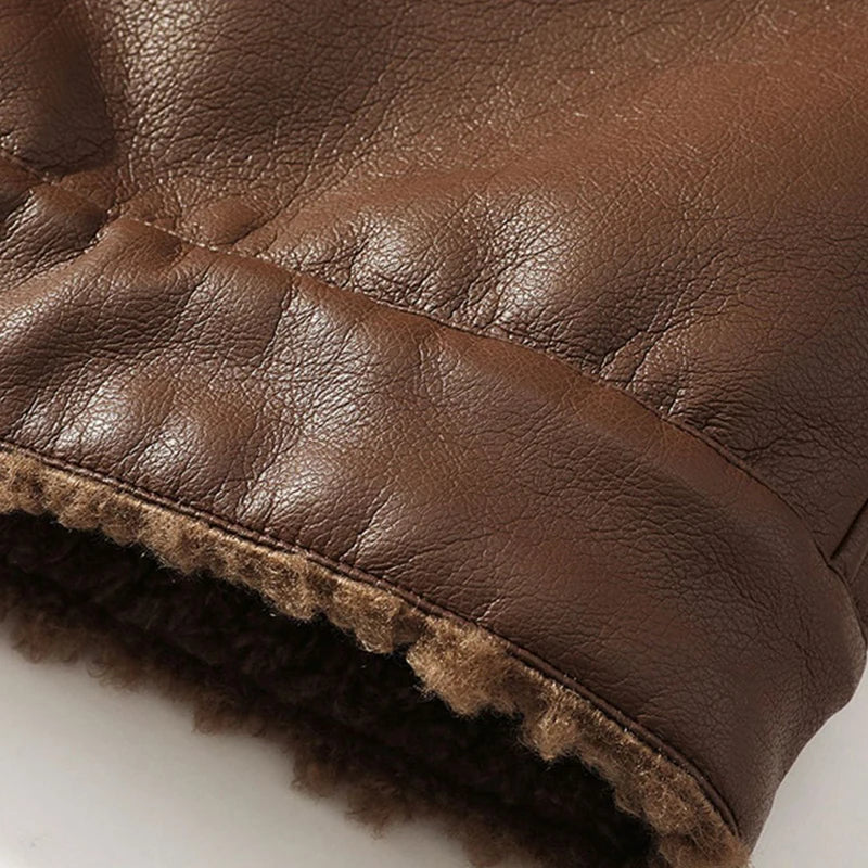 Schinteon Men Suede Leather Jacket Autumn Winter Warm Thick Casual Outwear Faux Lamb Wool Fur Solid Color Turn-down Collar Coat