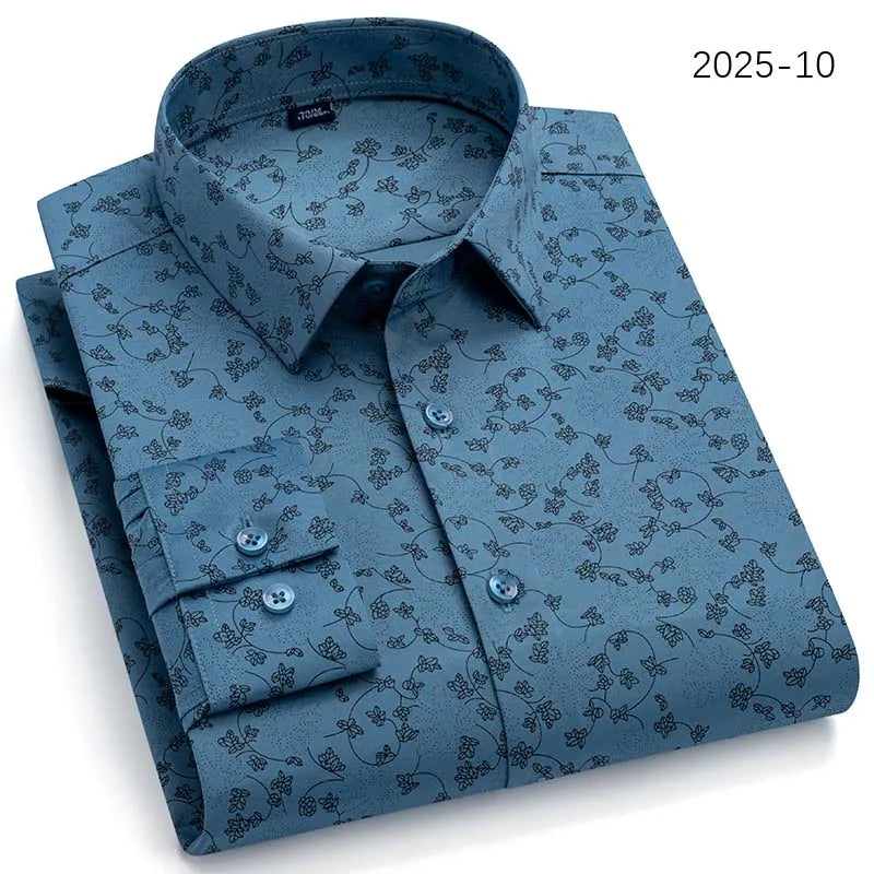 Men Long Sleeve Shirts Fashion Print Plaid Wrinkle Resistant Non Ironing Stripe Man Clothing Casual Smart Business Dress Shirts