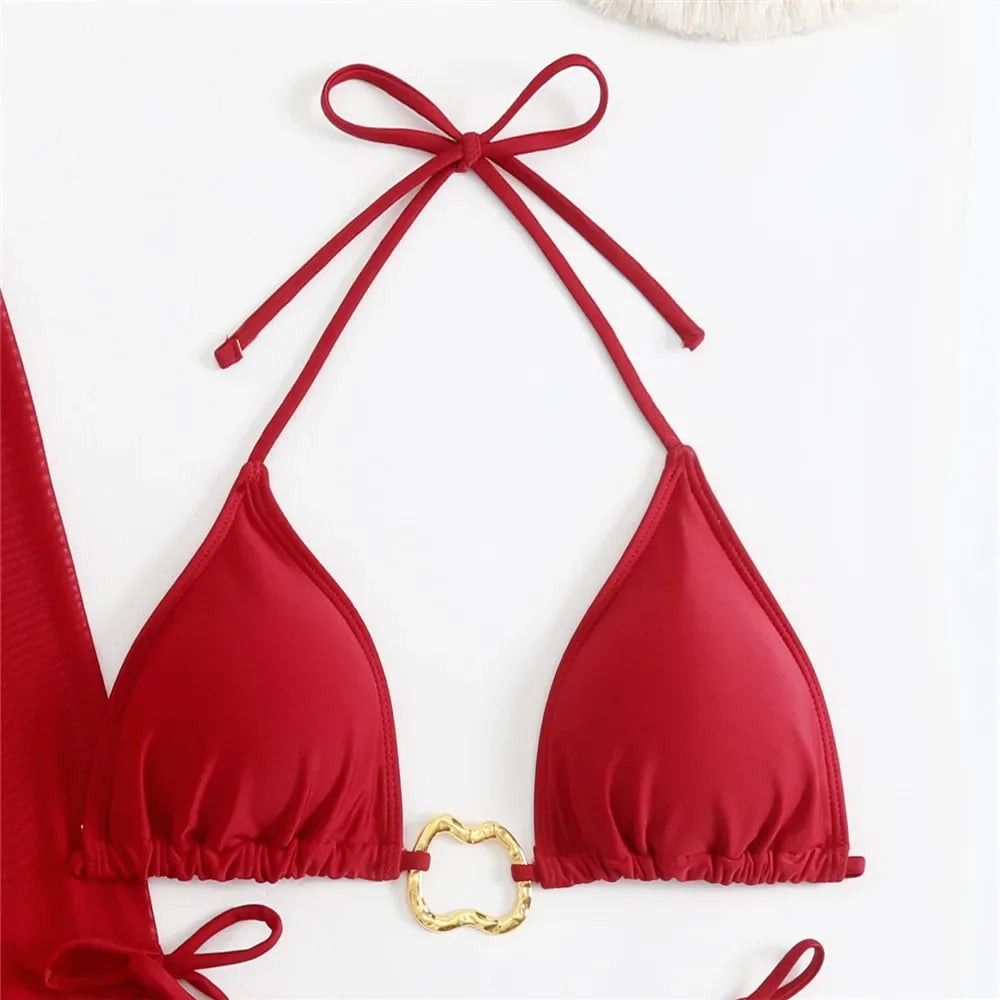 Women’s Brown Halter String Triangle Bikini Set — 4‑Piece Mesh Smock Cover‑Up Swimwear with Metal Ring Details
