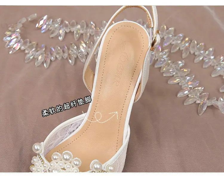 2025 White Wedding Shoes Bridesmaid Shoes Women's Lace Shoes Fashion High Heels Pearl Pumps
