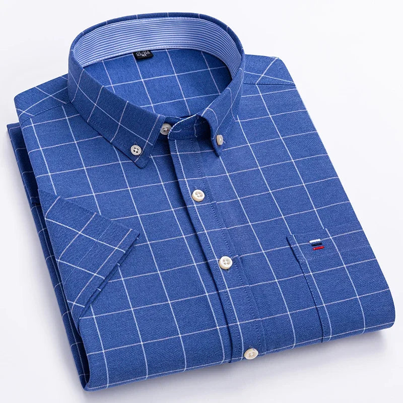 Men’s 100% Cotton Oxford Short‑Sleeve Shirt – Breathable Summer Plaid/Striped Business Casual (Regular/Oversized Fit)