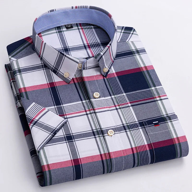 Men’s 100% Cotton Oxford Short‑Sleeve Shirt – Breathable Summer Plaid/Striped Business Casual (Regular/Oversized Fit)