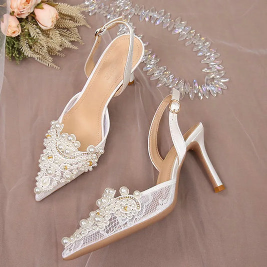2025 White Wedding Shoes Bridesmaid Shoes Women's Lace Shoes Fashion High Heels Pearl Pumps