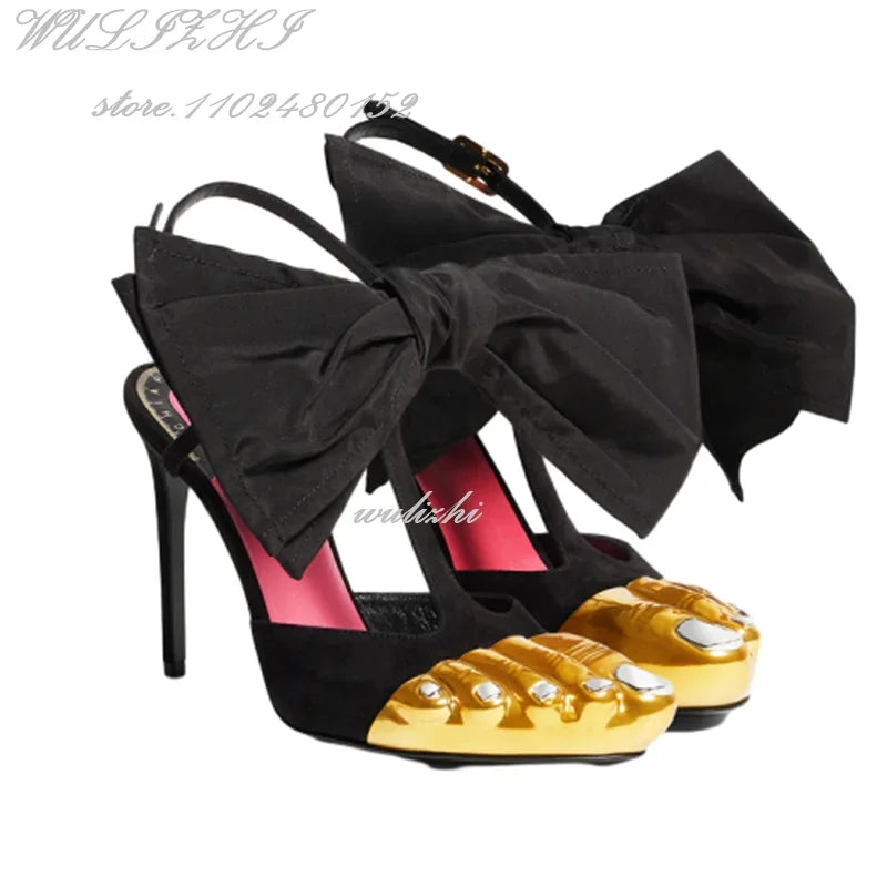 Big Bow Metallic Stiletto Sandals