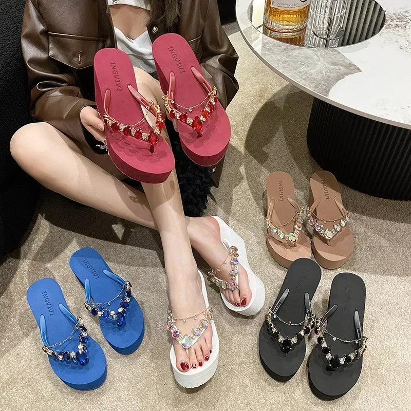 Women’s High Heeled Flip Flops — Diamond Slope Heel Slippers Elegant Beach Sandals
