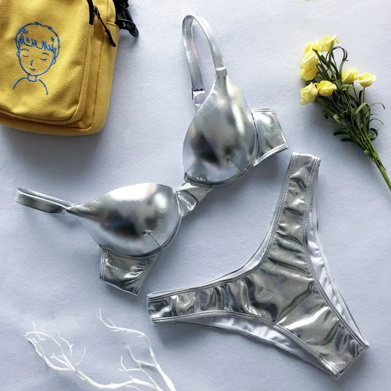 Metallic Push‑Up Thong Bikini