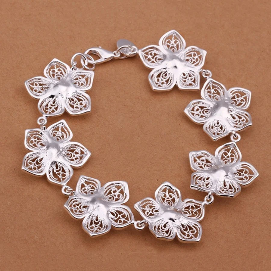 925 Sterling Silver Bracelet Flower Chain Elegant Beautiful Jewelry Wedding  for Women Lady Cute   20cm 8inch