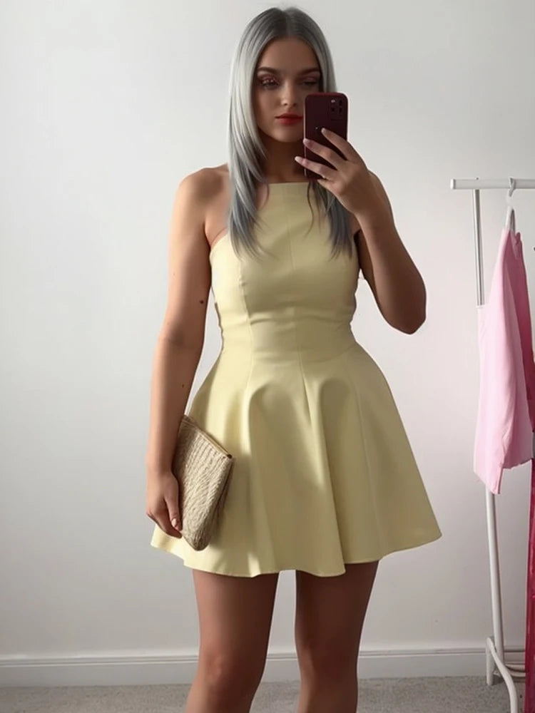 TRAF 2025 Woman Fashion Sleeveless Midi Dresses Casual Slim Wave Style Halter Neck Dress Vestidos Mujer