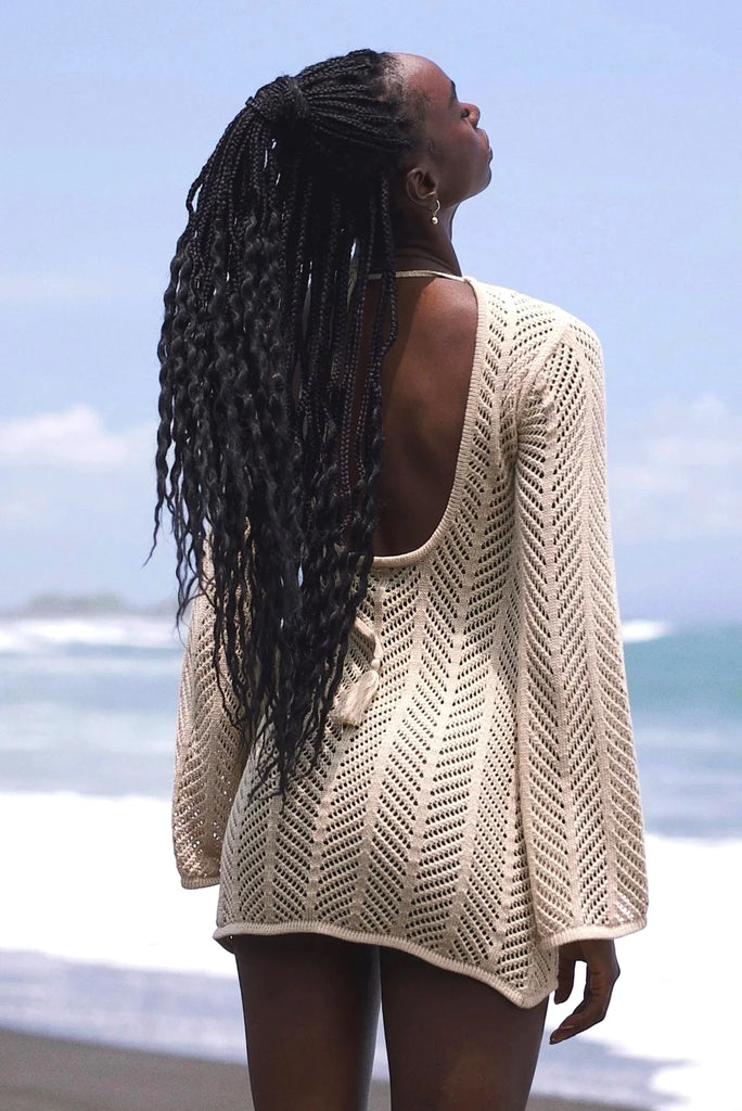 Women’s 2026 Knit Backless Tassel Cover‑Up – Lace‑Up Cut‑Out Bell Sleeve Mini Dress K110