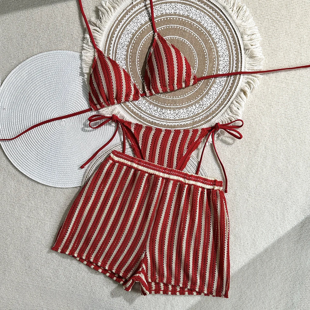 Women’s 2026 Striped 3‑Piece Bikini Set – Sexy Swimsuit with Skirt Beachwear