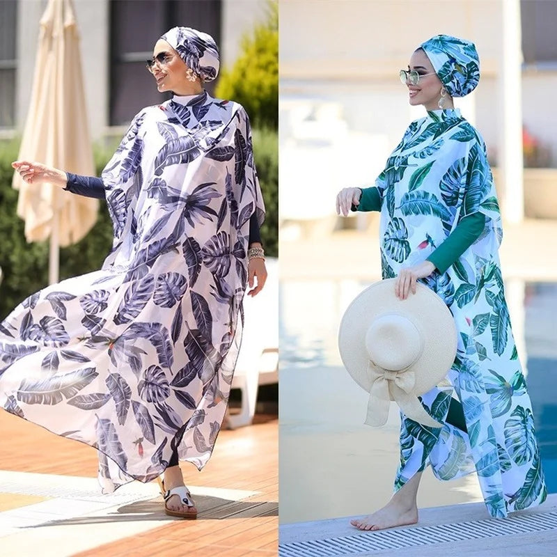 Women’s 4‑Piece Islamic Burkini Set – Long Sleeve Modest Swimwear with Hijab, Digital Print Sports Bathing Suit (4XL)