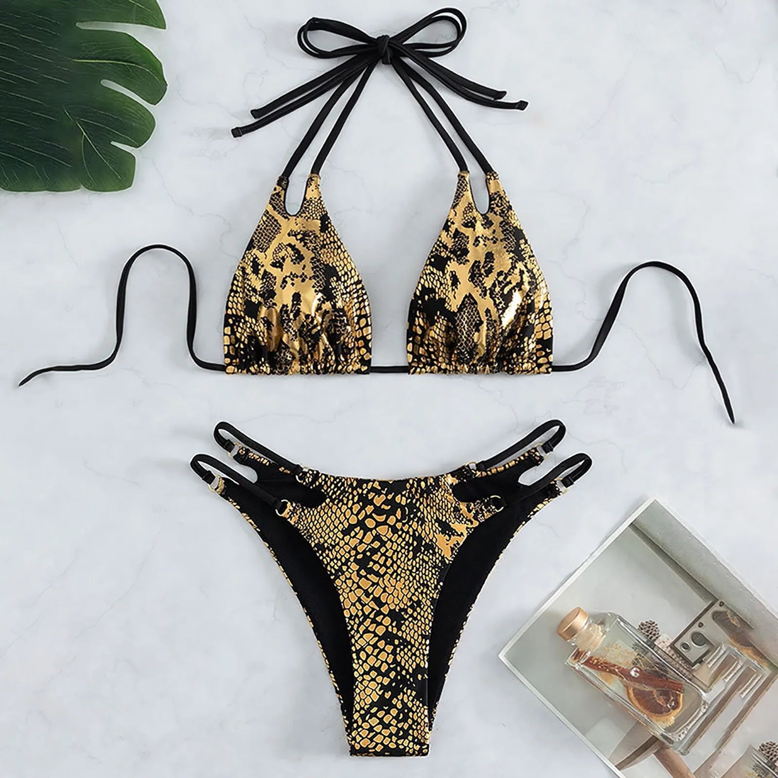 Leather Snake‑Pattern Bikini