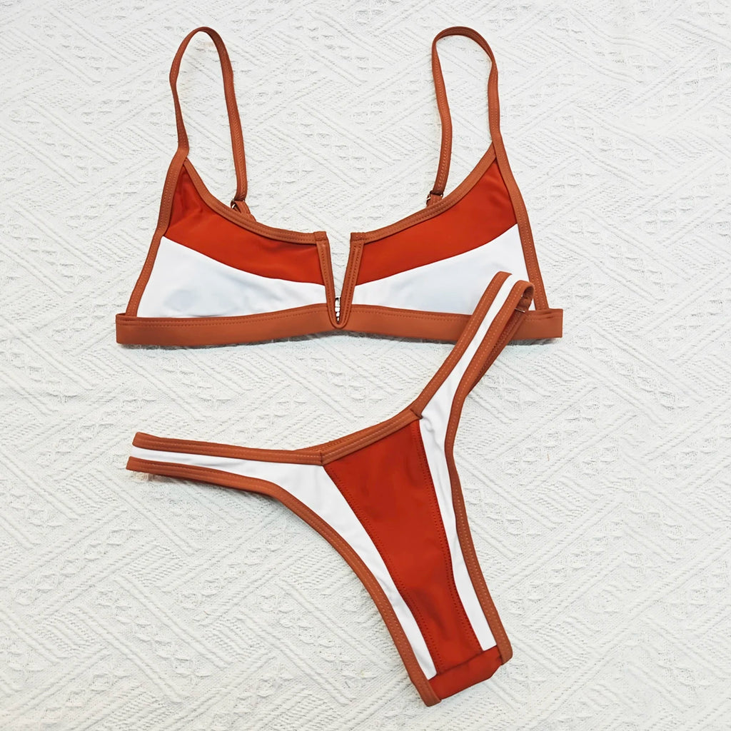 Vintage Retro Bikini Patchwork Swimsuit Thong Brazilian Sexy Swimwear Female 2024 New Summer Micro V-bar Green Bathing Suits